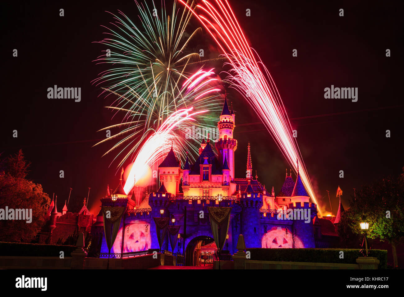 Anaheim: Night view with fireworks of the famous Cinderella castle of Disneyland on OCT 1, 2014 at Anaheim, Orange County, California, United States Stock Photo