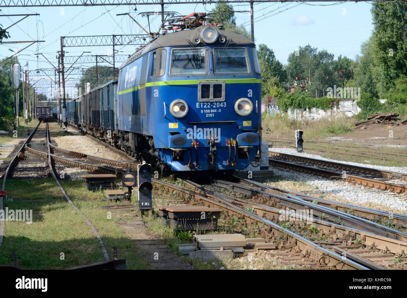 Wroclaw, Poland. 23rd August, 2017. Cargo train PKP Cargo Company passing Wroclaw-Soltysowice railway station. Stock Photo