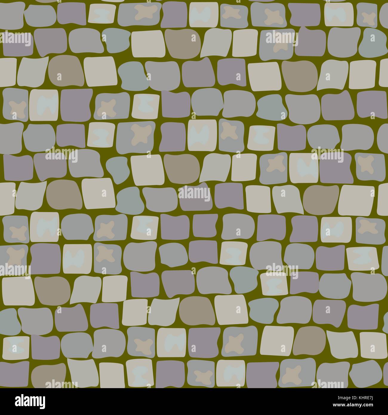 Old Paving Stones with moss and turf. Road Texture seamless pattern. wall of stone, cobbled street with grass Stock Vector