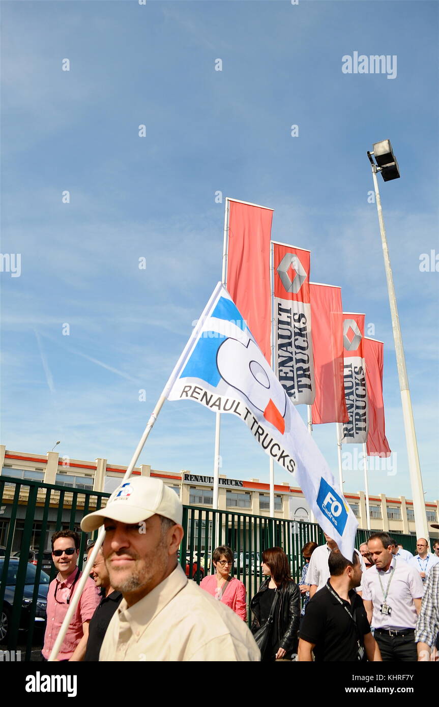 Renault Trucks employees protest against job cuts, Saint-Priest, France Stock Photo