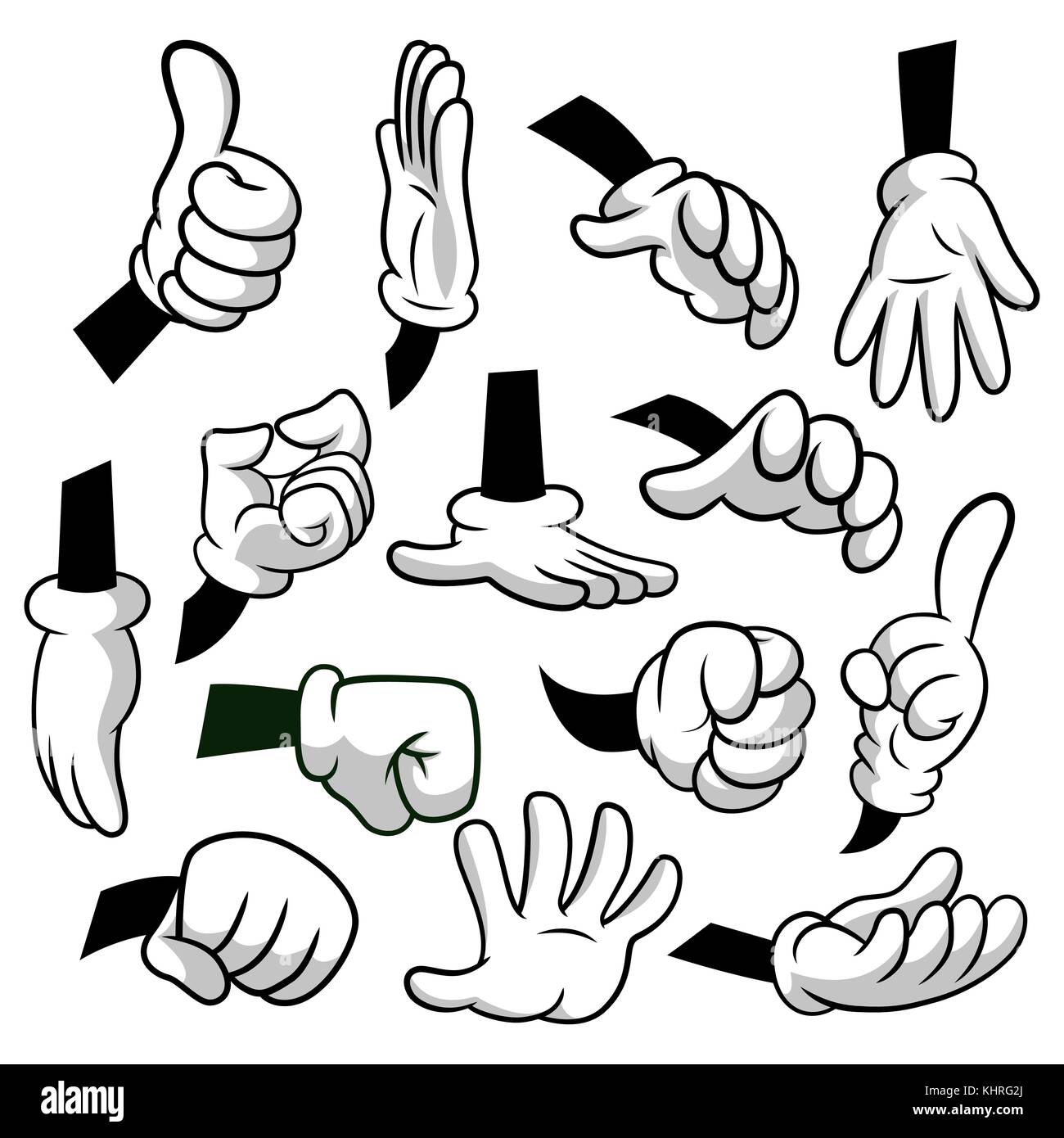 Cartoon hands with gloves icon set isolated on white background. Vector clipart - parts of body, arms in white gloves. Hand gesture collection. Design templates in EPS8. Stock Vector