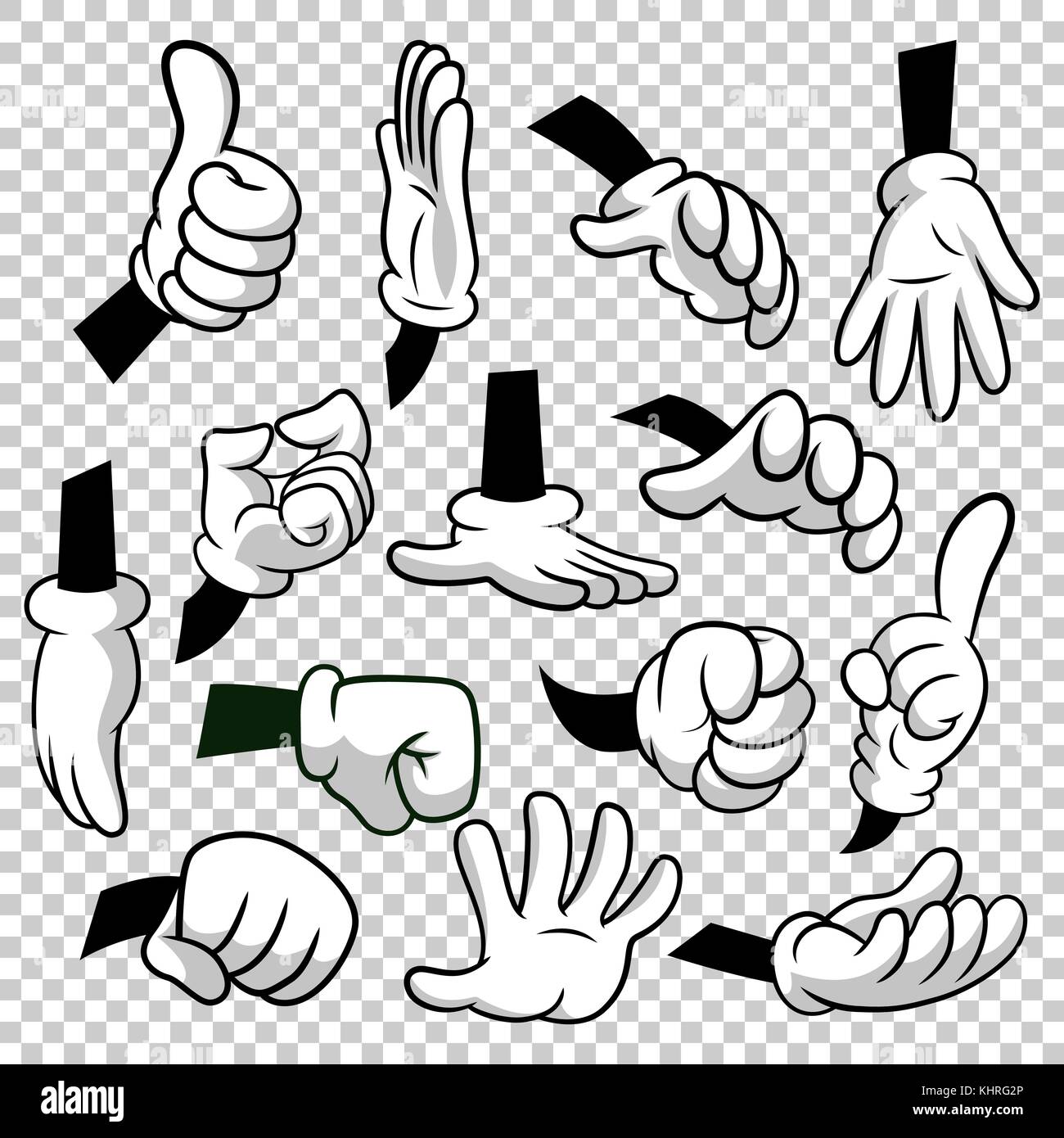 Cartoon hands with gloves icon set isolated on transparent background. Vector clipart - parts of body, arms in white gloves. Hand gesture collection. Design templates in EPS8. Stock Vector