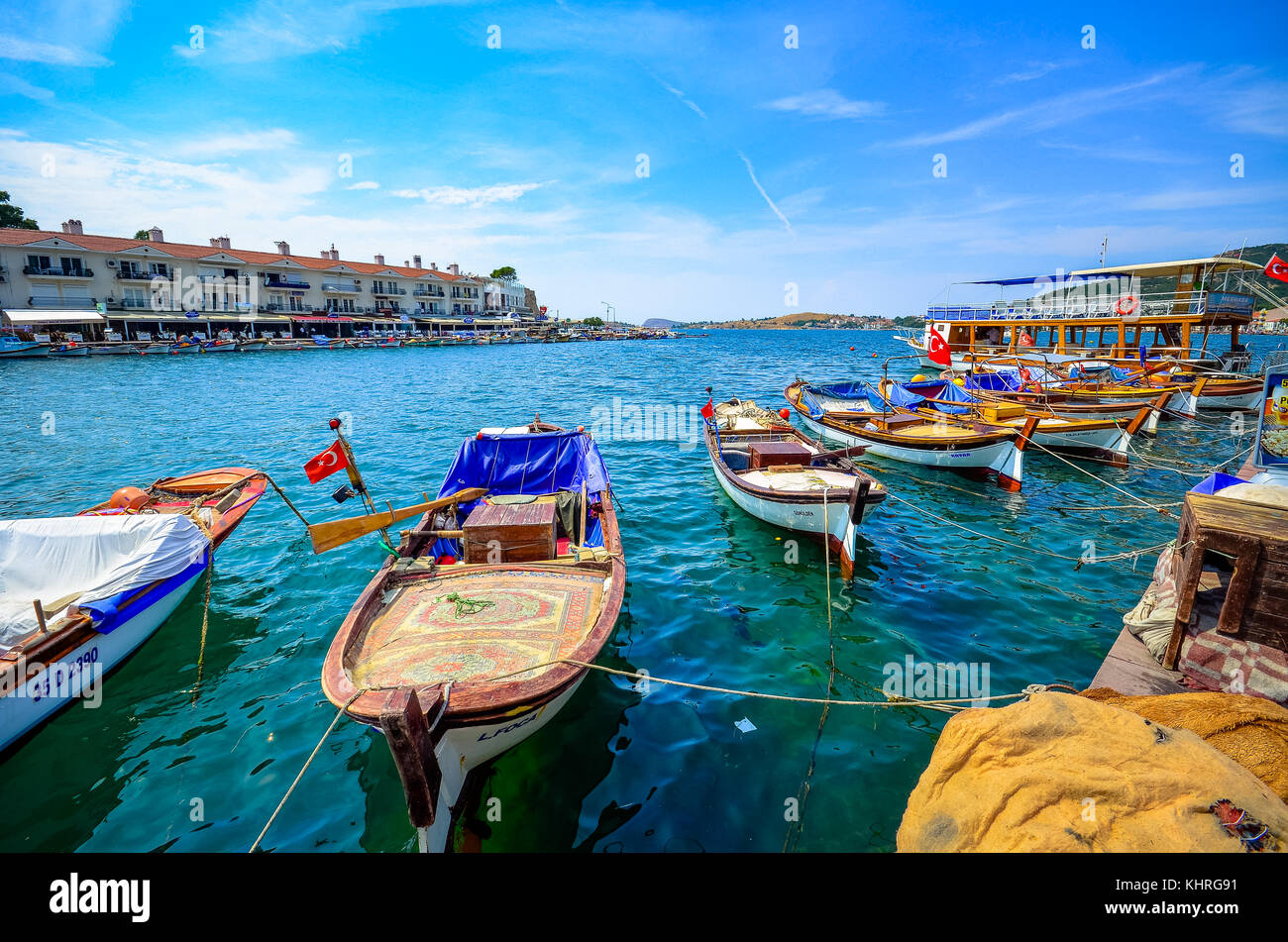 The old harbor of Foca town, with many old buildings with traditional architecture at the aegean coast of Turkey, near Izmir Stock Photo