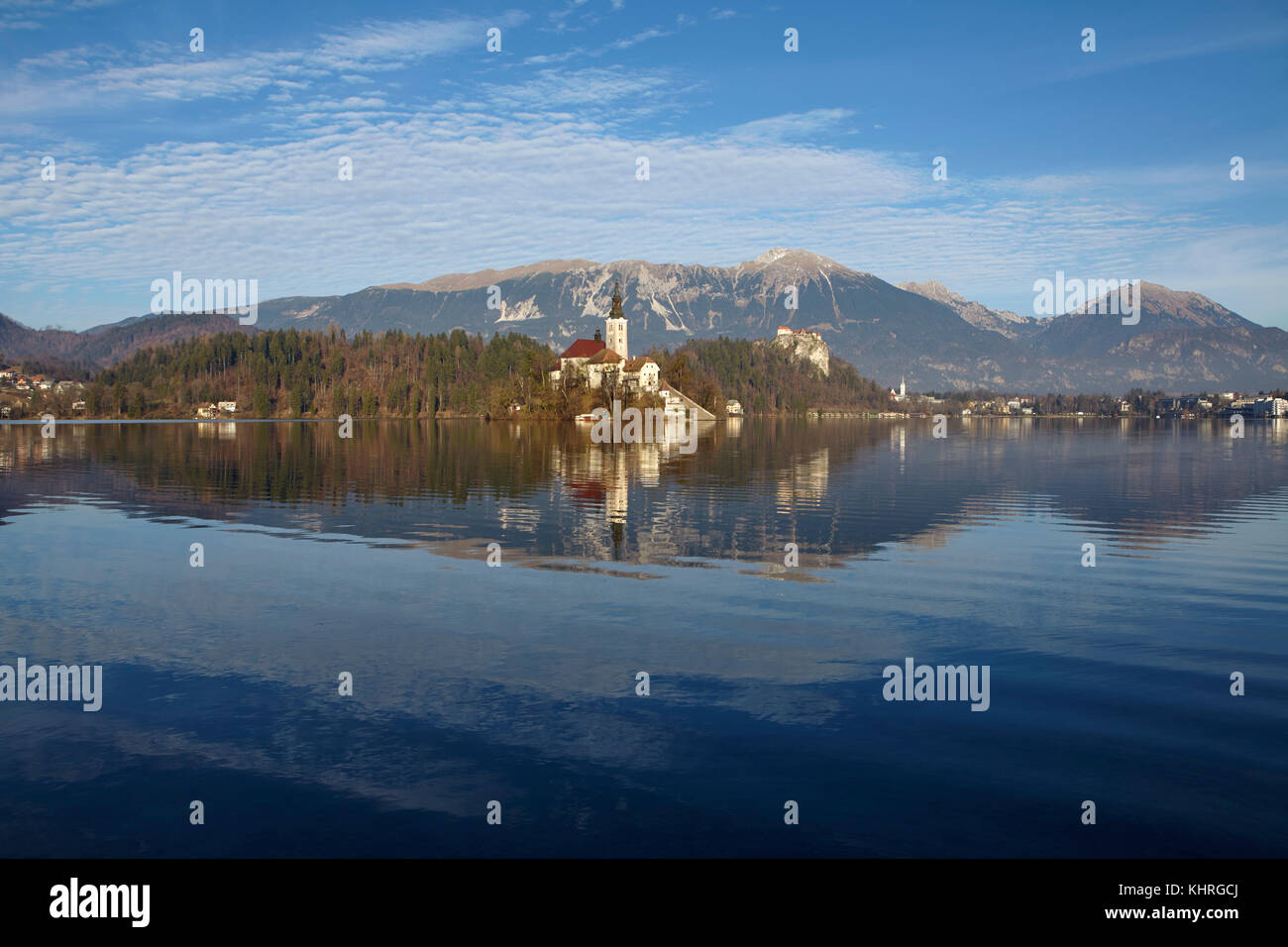 View of Lake Bled and the Church of Mary the Queen, located on a small island in the middle of the lake, Bled, Slovenia Stock Photo