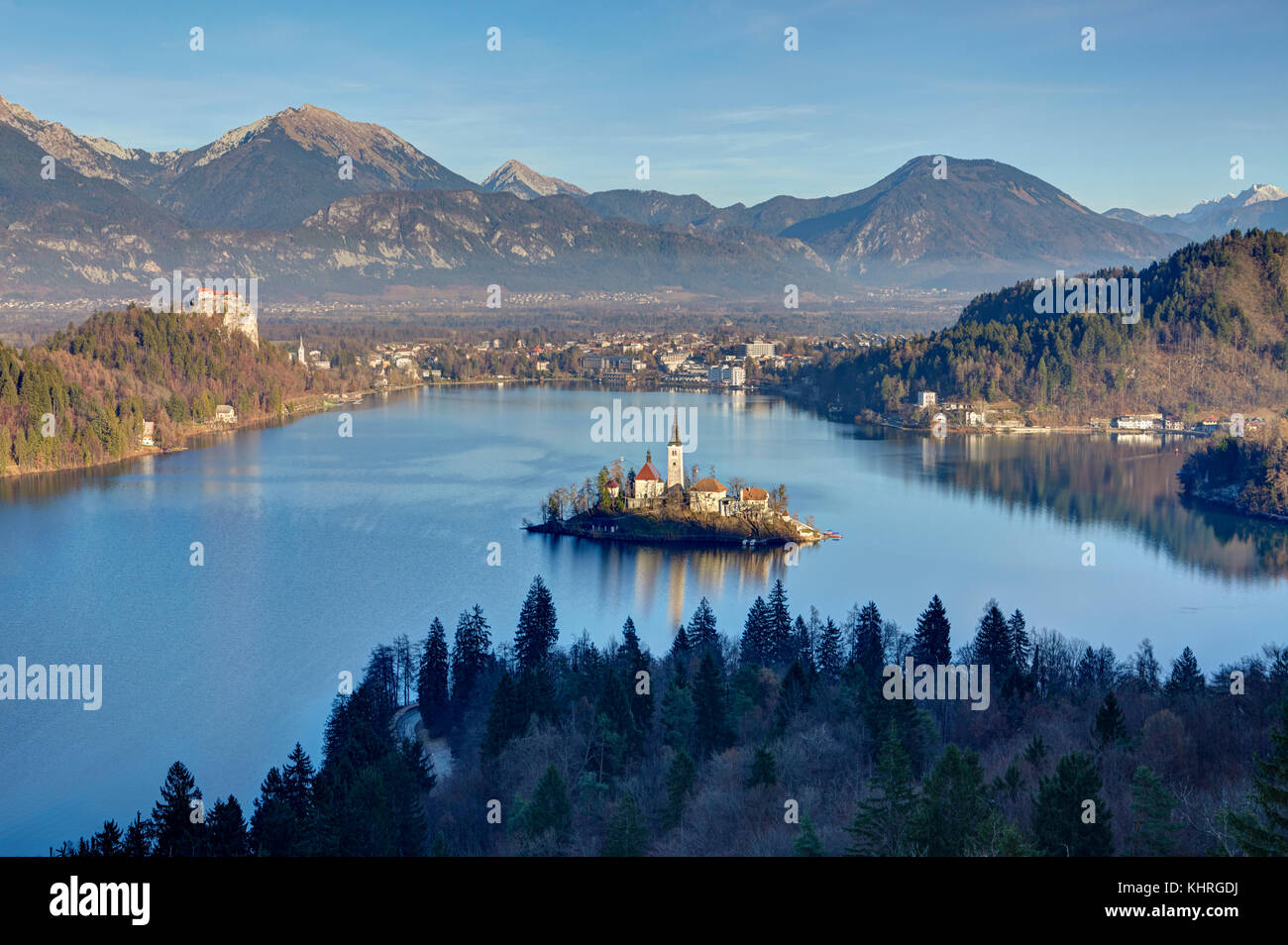 Elevated view of Lake Bled and the Church of Mary the Queen, located on a small island in the middle of the lake, Bled, Slovenia Stock Photo