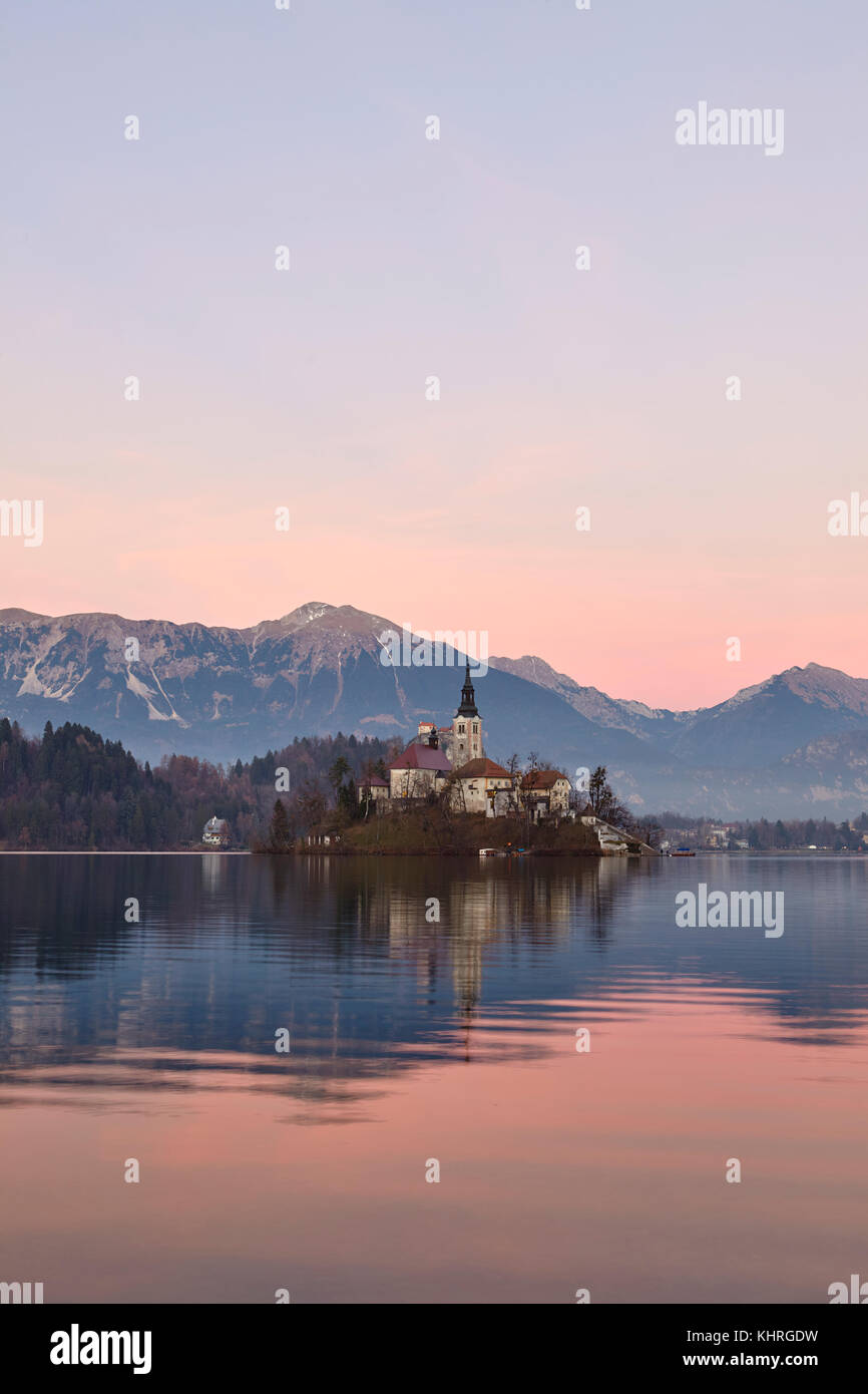 Lake Bled and the small island in the middle at sunset, Bled, Slovenia