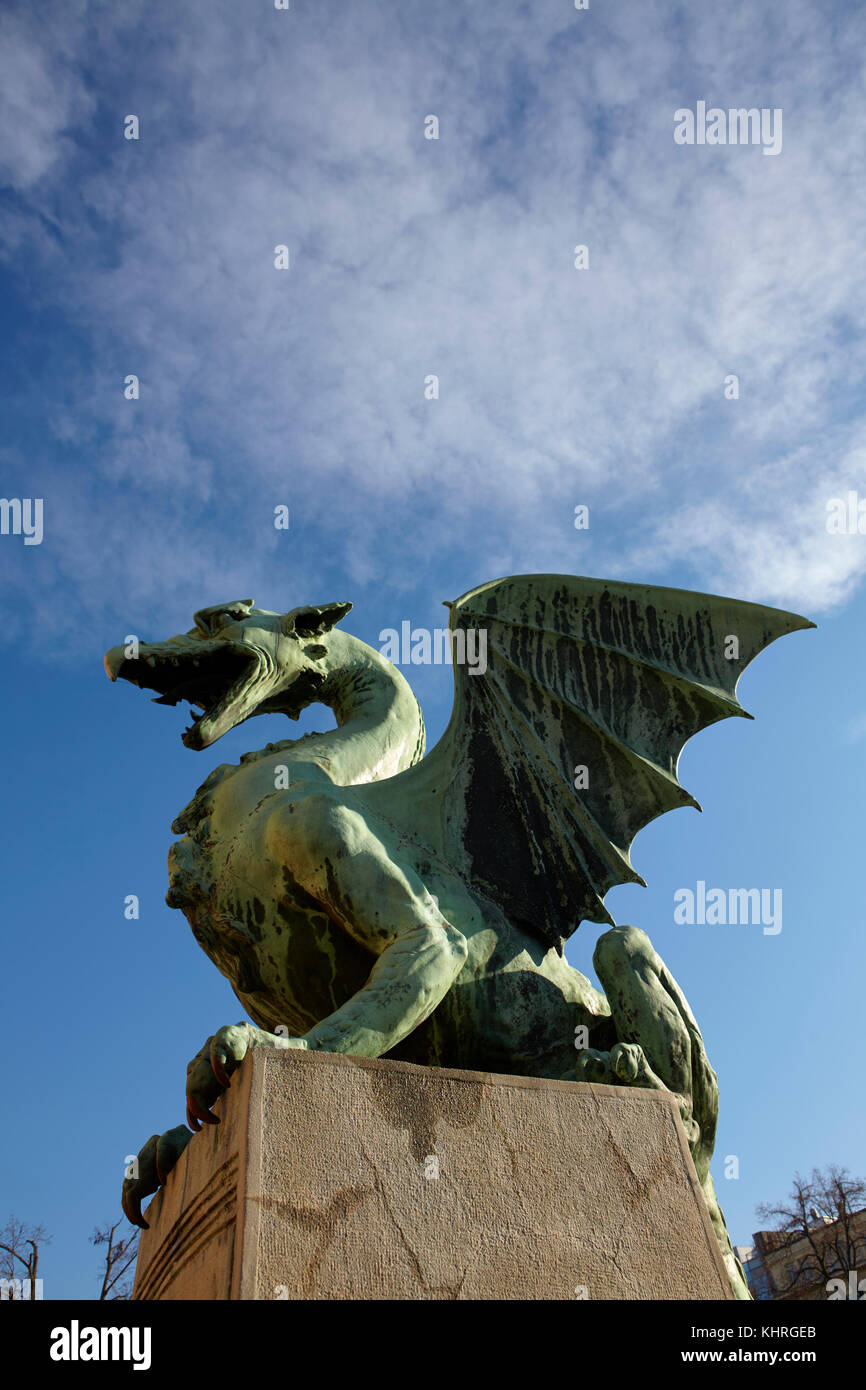 Dragon statue on the Dragon Bridge in Ljubljana, Slovenia Stock Photo