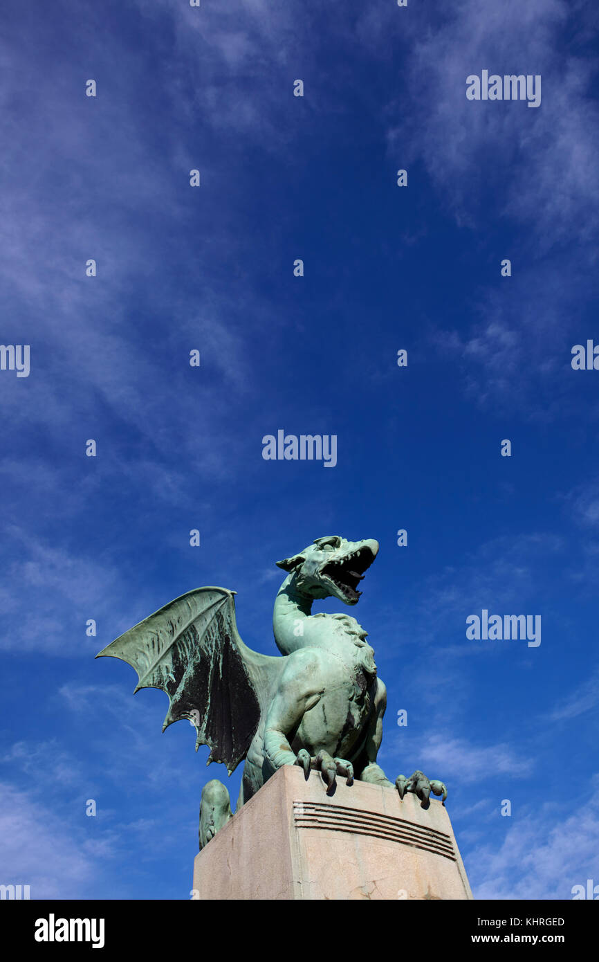 Dragon statue on the Dragon Bridge in Ljubljana, Slovenia Stock Photo