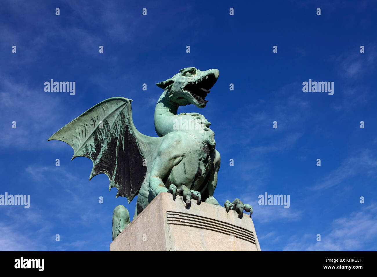 Dragon statue on the Dragon Bridge in Ljubljana, Slovenia Stock Photo