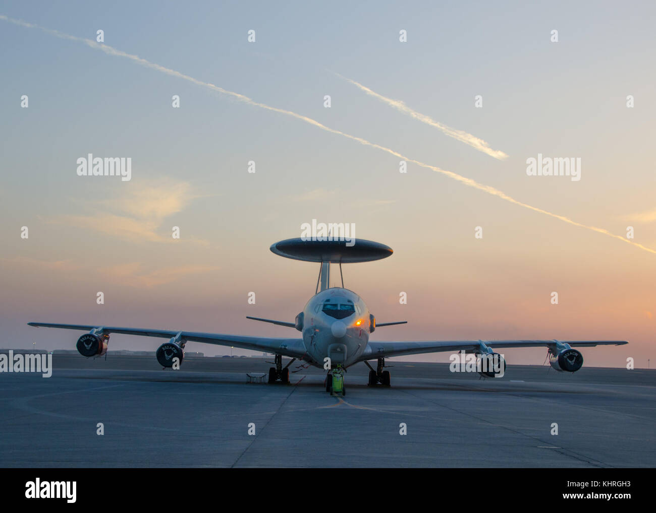 An E-3 Sentry Airborne Warning and Control System aircraft is shown on the flightline at Al Dhafra Air Base, United Arab Emirates, Nov. 17. The aircra Stock Photo
