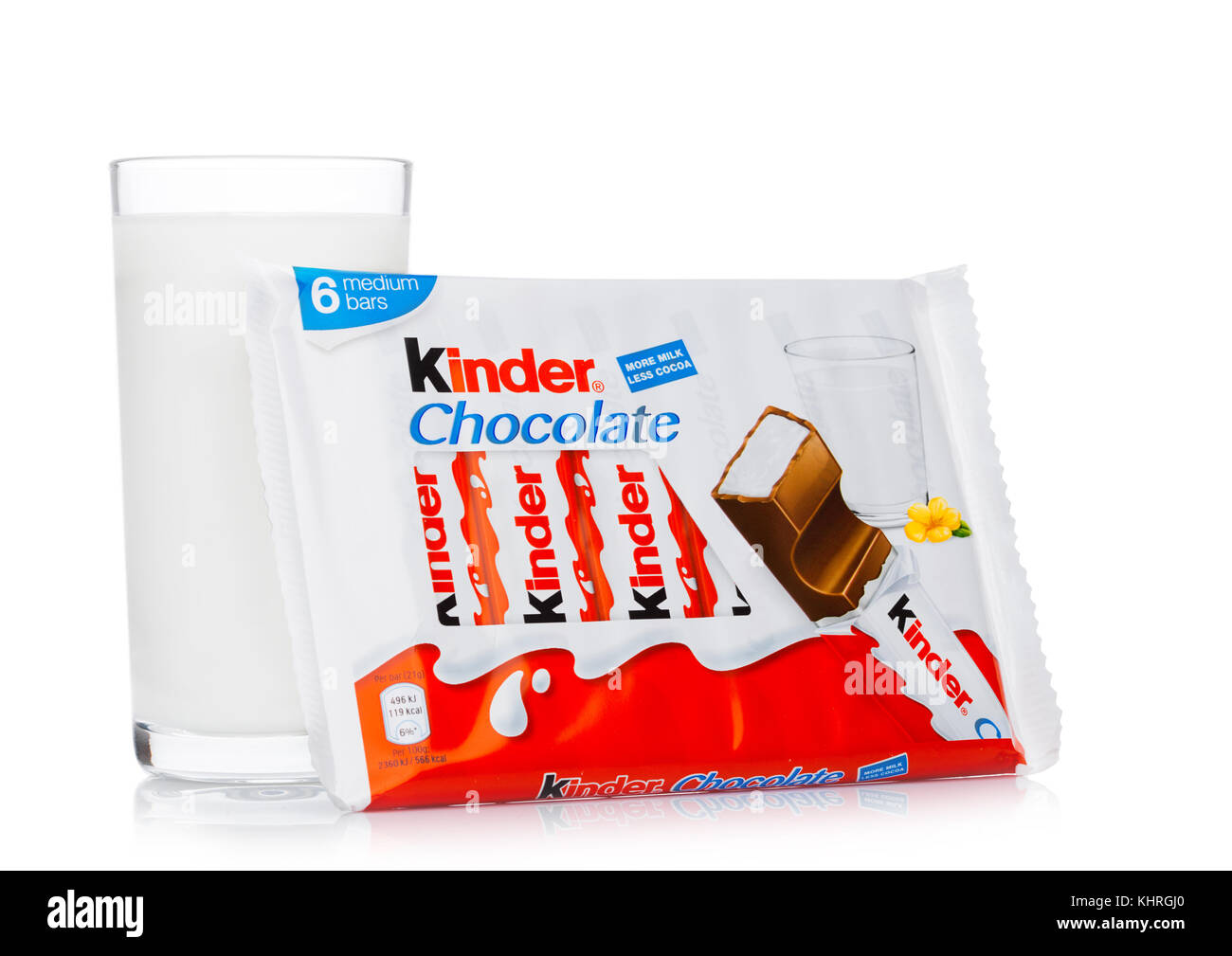 LONDON, UK November 17, 2017 Kinder chocolate bar and milk glass on