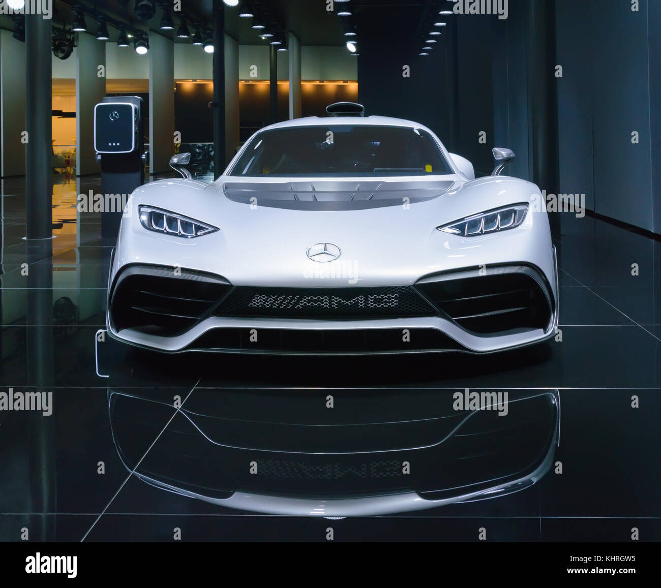 FRANKFURT, GERMANY - SEP 17, 2017: Mercedes AMG Project One, electric hybrid hypercar brings Formula 1 racing experience to the road. Presented at IAA Stock Photo