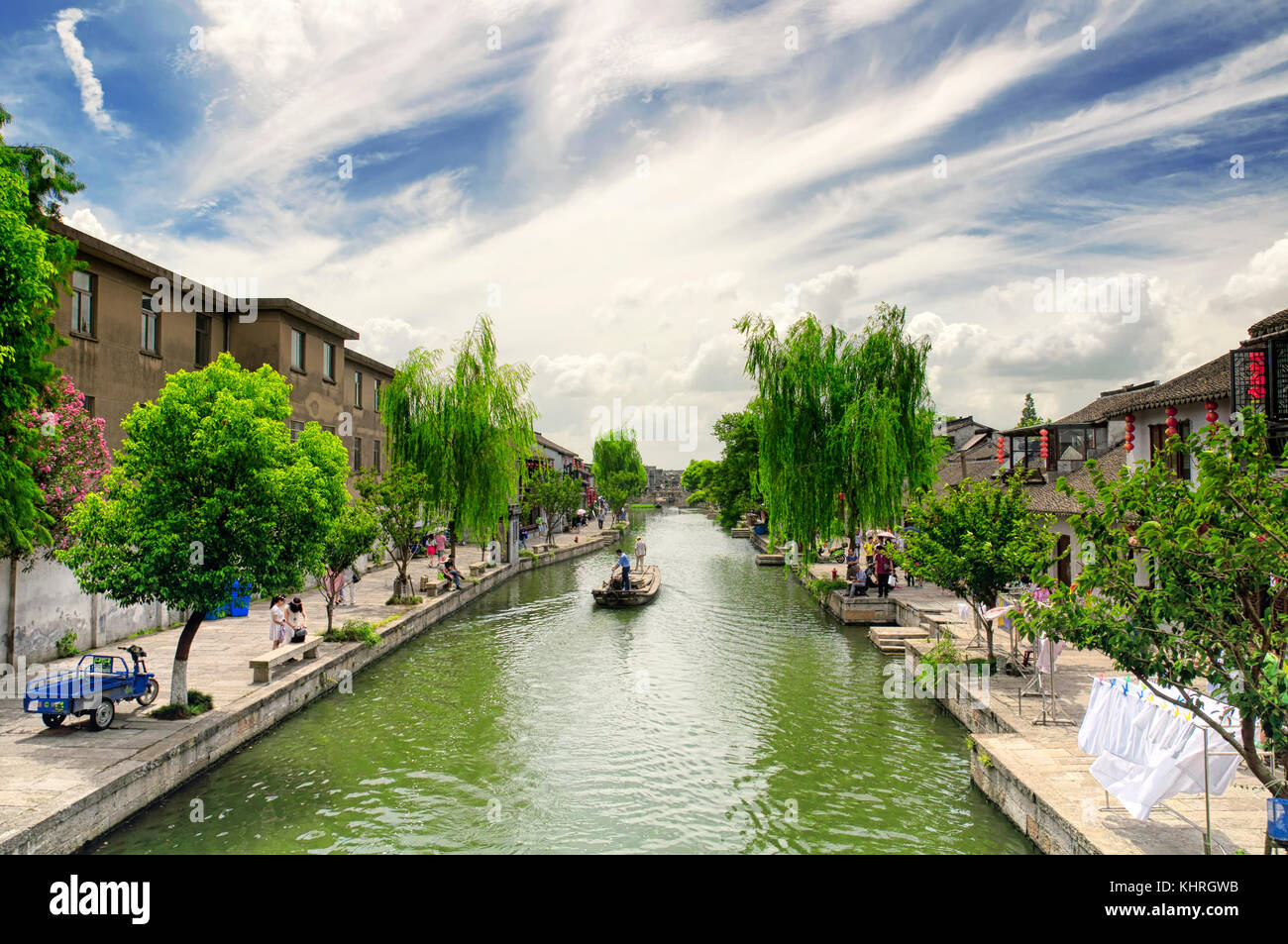 August 8, 2015.  Xitang Town, China. Chinese style buildings and tourist boats on the water canals of Xitang town in Jiashan county in Zhejiang provin Stock Photo