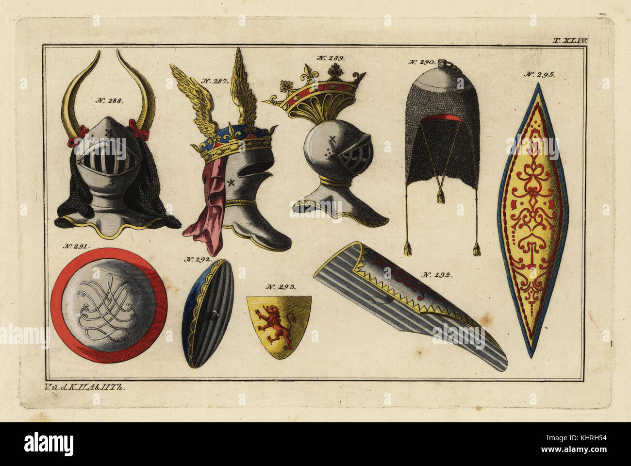 Knights' helms 287-9, chainmail hood worn under the helm 290, shields for knights on horseback 291-293, and shields for knights on foot 294, 295. Taken from Gabriel Daniel's Histoire de la milice francoise, 1721. Handcoloured copperplate engraving from Robert von Spalart's Historical Picture of the Costumes of the Principal People of Antiquity and of the Middle Ages, Chez Collignon, Metz, 1810. Stock Photo
