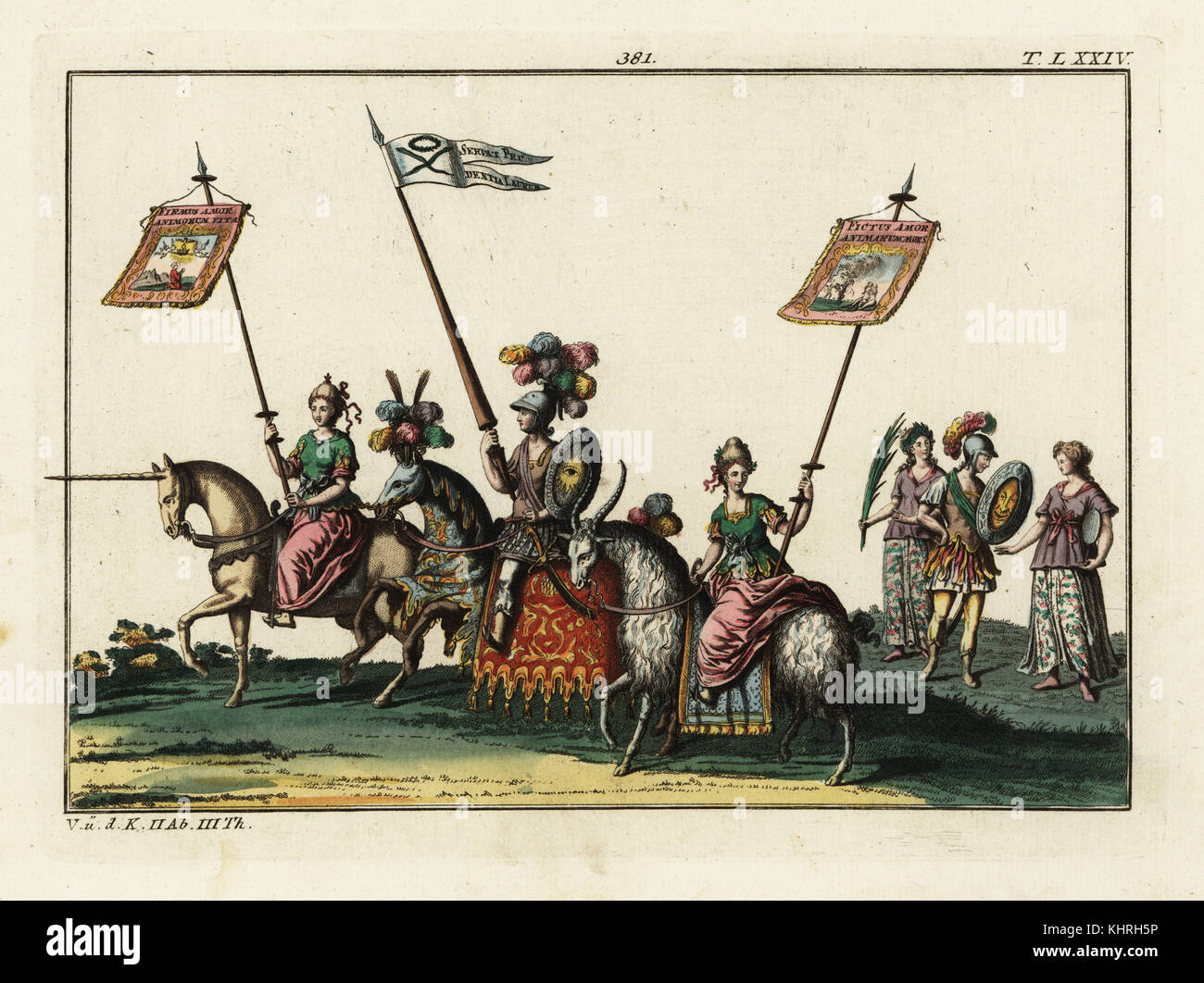 A procession with riders mounted on a unicorn, a goat and a horse wearing heraldic colours. The male and female riders hold lances with banners. Part of the celebration of the birth of Freiderich, Duke of Wurttemberg. Taken from Delineation und Abbildung aller furstlichen Aufzug und Ritterspielen by Esaias von Hulsen, 1617. Handcoloured copperplate engraving from Robert von Spalart's Historical Picture of the Costumes of the Principal People of Antiquity and of the Middle Ages, Chez Collignon, Metz, 1810. Stock Photo