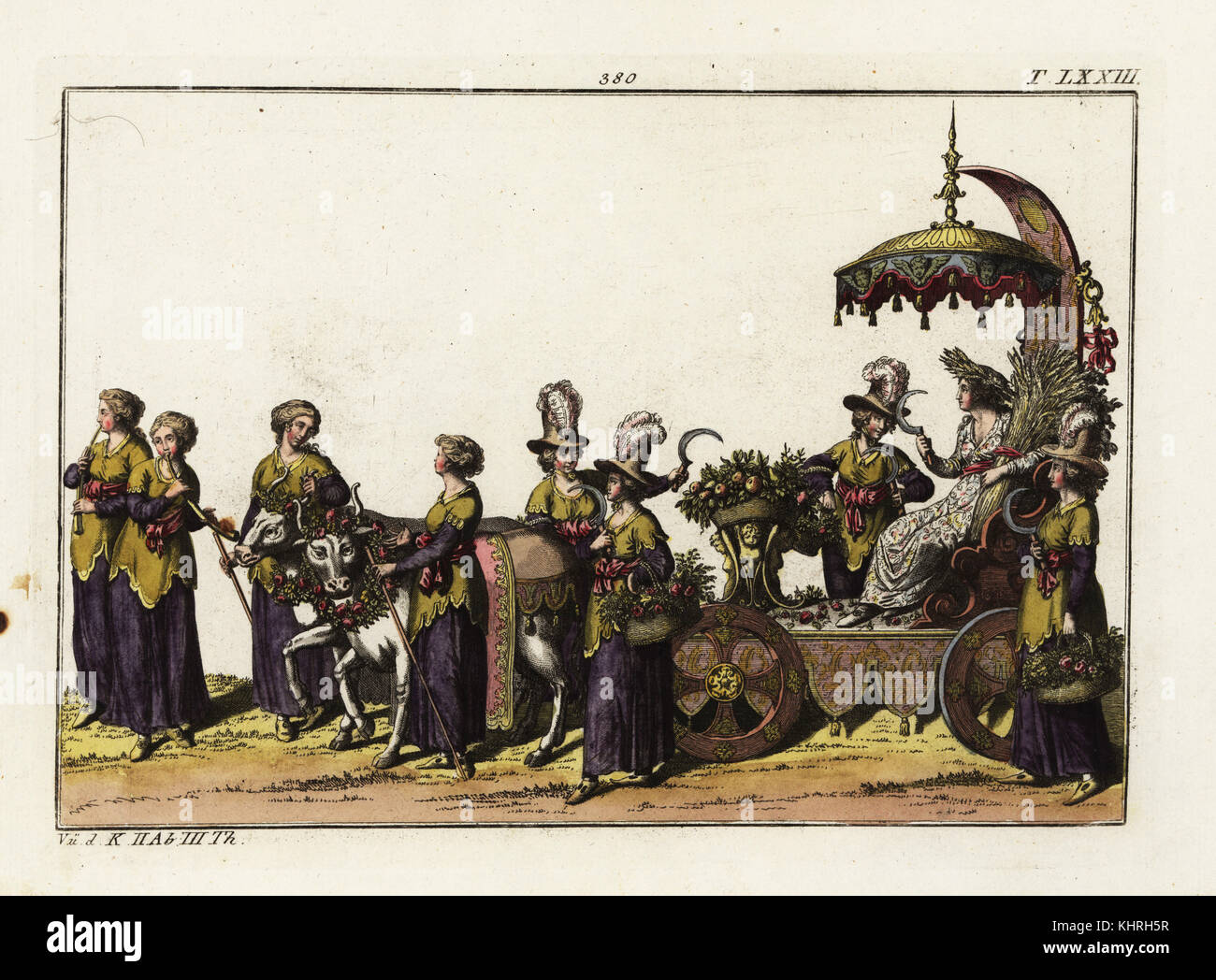 A triumphal carriage decorated with fruit and flowers from the harvest accompanied by female reapers (Schnitterinnen) holding scythes. A woman with a bushel of wheat sits on a throne. Part of the celebration of the birth of Freiderich, Duke of Wurttemberg. Taken from Delineation und Abbildung aller furstlichen Aufzug und Ritterspielen by Esaias von Hulsen, 1617. Handcoloured copperplate engraving from Robert von Spalart's Historical Picture of the Costumes of the Principal People of Antiquity and of the Middle Ages, Chez Collignon, Metz, 1810. Stock Photo