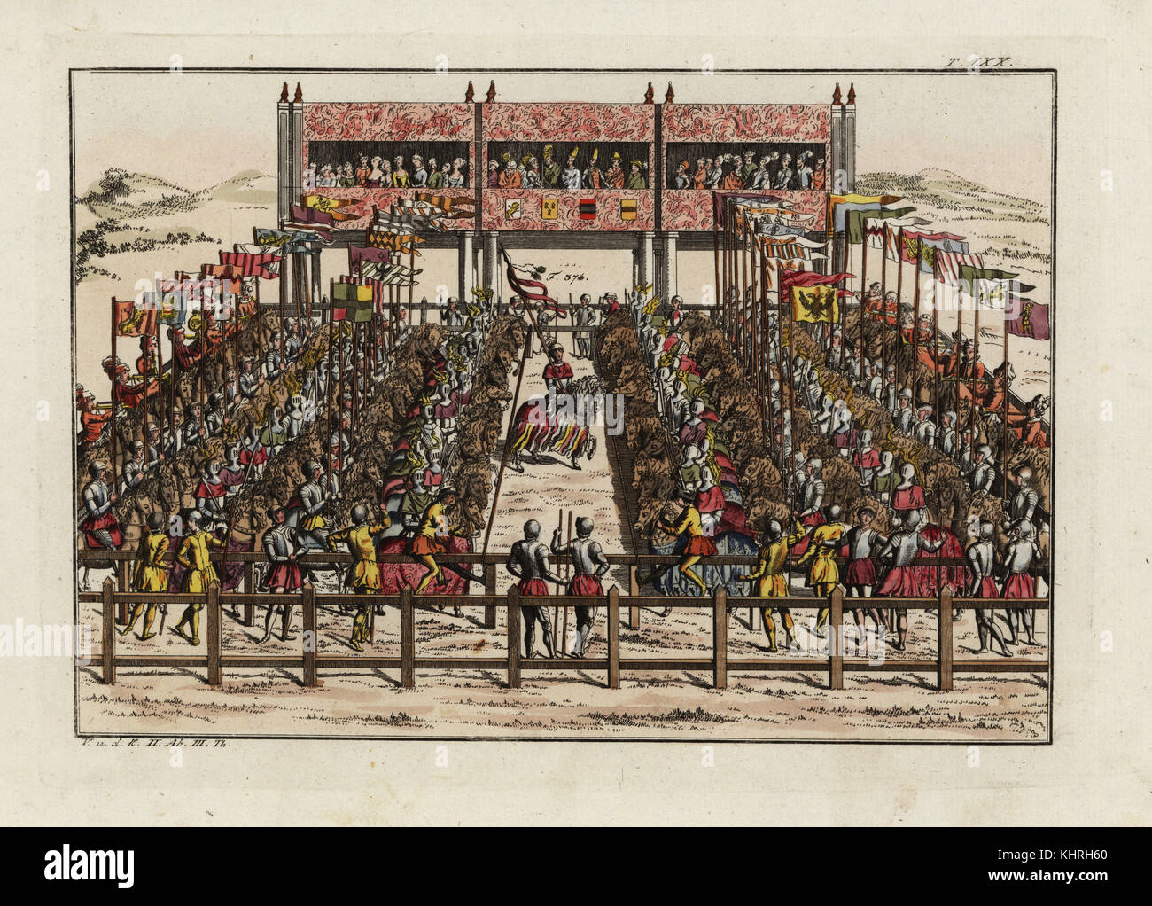 The knights gather for an enclosed-field tournament or melee for King Rene of Anjou, 15th Century. Knights on horseback face off within an enclosure before royal spectators. From Marc Vulson de la Colombiere's Le Vrai Theatre d'Honneur et de chevalerie, 1648. Handcoloured copperplate engraving from Robert von Spalart's Historical Picture of the Costumes of the Principal People of Antiquity and of the Middle Ages, Chez Collignon, Metz, 1810. Stock Photo