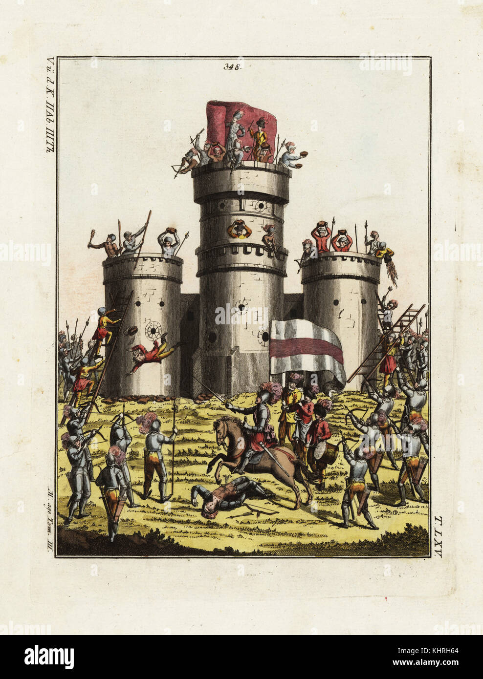Siege of a medieval castle. Knights in armour, archers and soldiers on ladders storm a castle defended by soldiers throwing rocks and boiling oil. From a manuscript of tournaments in the collection of HRE Maximilian I. Handcoloured copperplate engraving from Robert von Spalart's Historical Picture of the Costumes of the Principal People of Antiquity and of the Middle Ages, Chez Collignon, Metz, 1810. Stock Photo