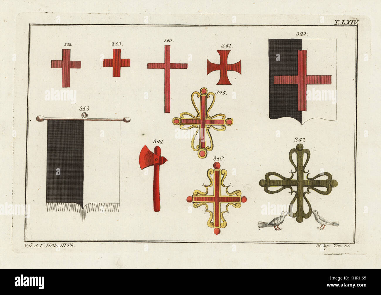 Crosses of  various orders of Knights Templar 338-341, coat of arms 342, flag 343, axe of the woman's order of the hatchet 344, Order of Alcantara 345, Order of Calatrava 346, and Order of Aviz 347. Copied from Jacques Charles Bar's Costumes des ordres religieux et militaires, 1778. Handcoloured copperplate engraving from Robert von Spalart's Historical Picture of the Costumes of the Principal People of Antiquity and of the Middle Ages, Chez Collignon, Metz, 1810. Stock Photo