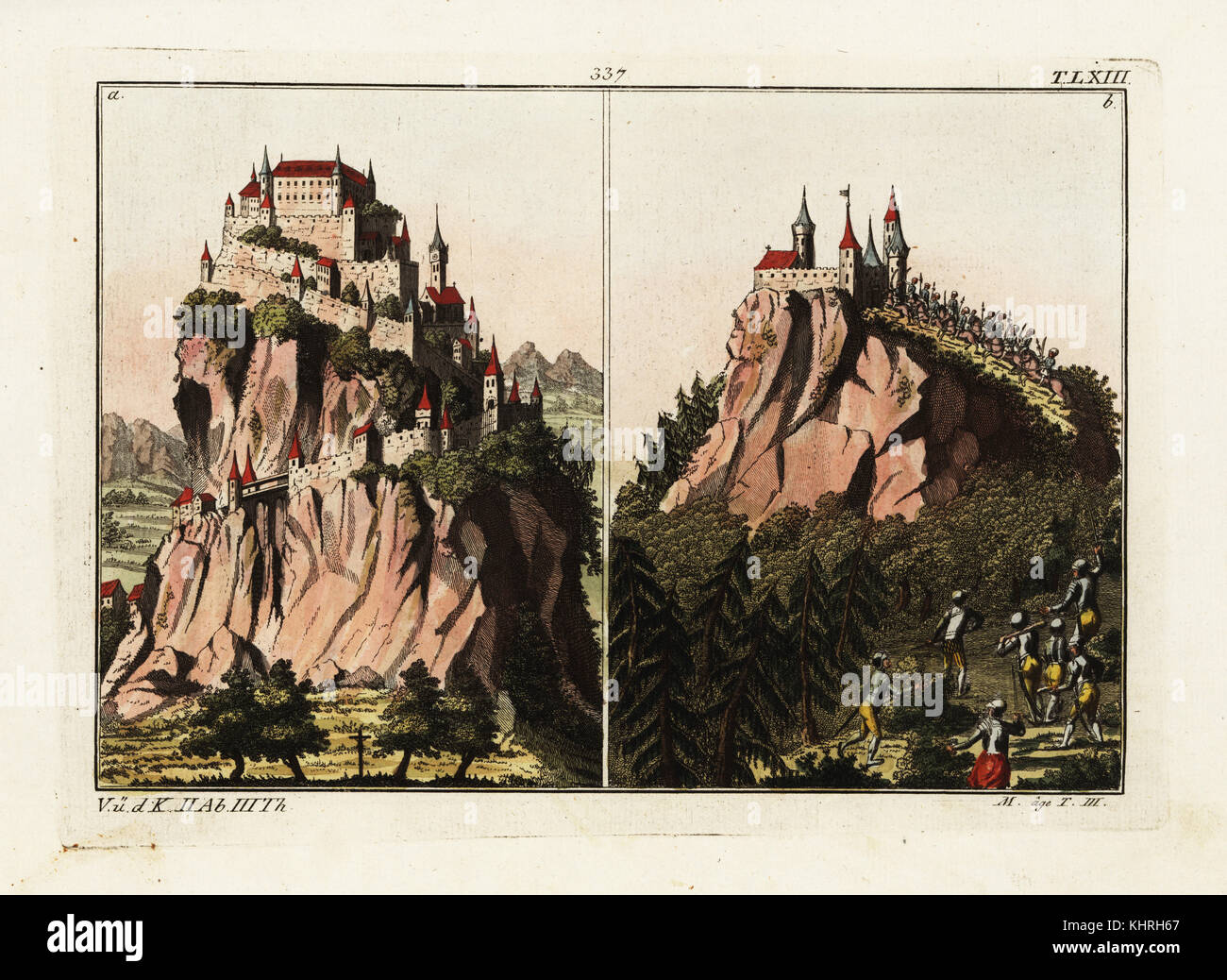Two perfect knight's mountaintop fortress castles in Austria. (Hochosterwitz and Kreuzenstein?) Copied from Matthaeus Merian's Topographie von Osterreich, 1649. Handcoloured copperplate engraving from Robert von Spalart's Historical Picture of the Costumes of the Principal People of Antiquity and of the Middle Ages, Chez Collignon, Metz, 1810. Stock Photo