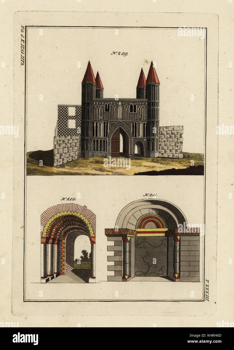 Gatehouse to St. John's Abbey or Colchester Abbey 209, archway to St. Botolph's Priory 210, and arch St. Margaret's church, Tanfield, Essex 211. Handcoloured copperplate engraving from Robert von Spalart's Historical Picture of the Costumes of the Principal People of Antiquity and of the Middle Ages, Chez Collignon, Metz, 1810. Stock Photo