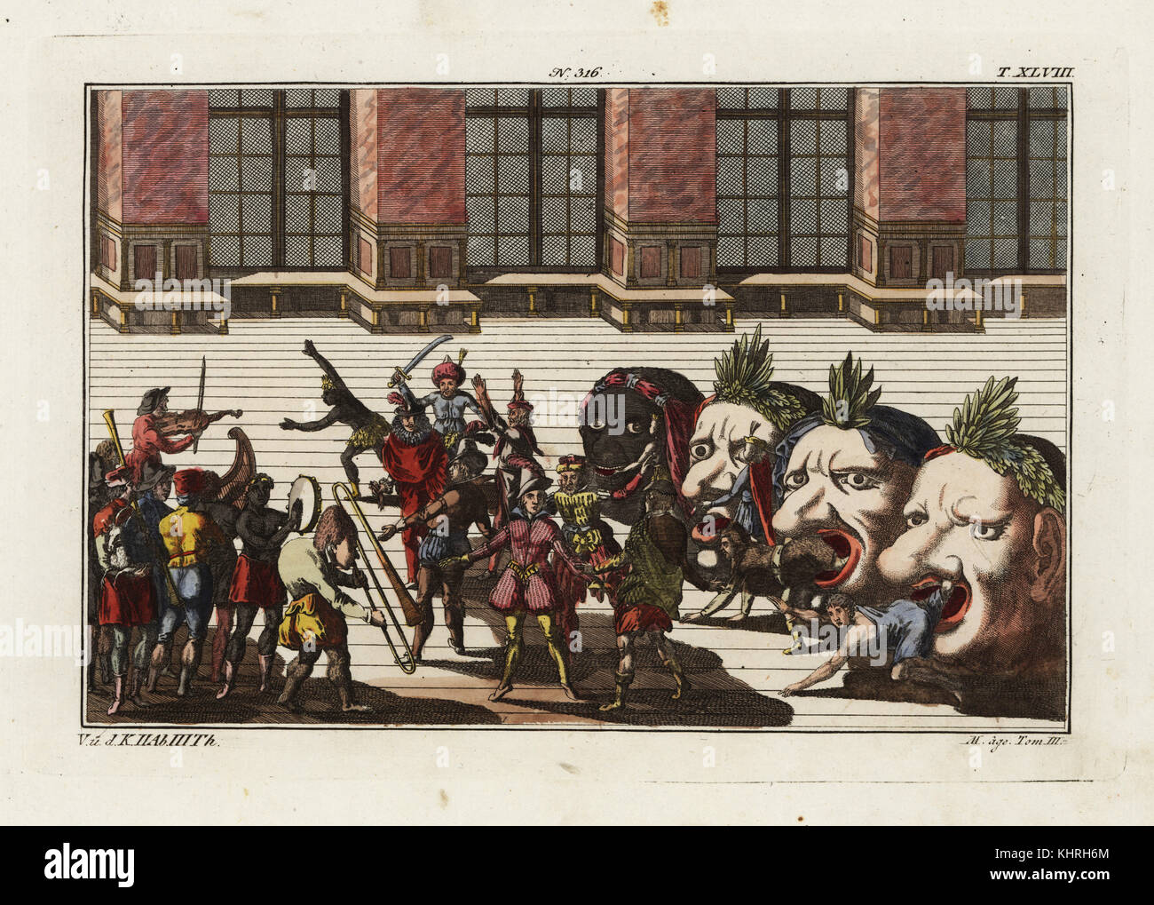Twenty masked and costumed musicians and dancers emerge from four monstrous heads.  Dance of the Nations, part of the celebrations of the birth of Freiderich, Duke of Wurttemberg, 1616. Taken from Delineation und Abbildung aller furstlichen Aufzug und Ritterspielen by Esaias von Hulsen, 1617. Handcoloured copperplate engraving from Robert von Spalart's Historical Picture of the Costumes of the Principal People of Antiquity and of the Middle Ages, Chez Collignon, Metz, 1810. Stock Photo