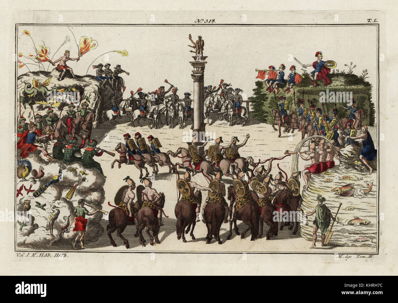 A carousel parade among teams of knights representing the four elements fire, wind, earth and water. Part of the celebration of the birth of Freiderich, Duke of Wurttemberg, 1616. Taken from Delineation und Abbildung aller furstlichen Anzug und Ritterspielen by Esaias von Hulsen, 1617. Handcoloured copperplate engraving from Robert von Spalart's Historical Picture of the Costumes of the Principal People of Antiquity and of the Middle Ages, Chez Collignon, Metz, 1810. Stock Photo