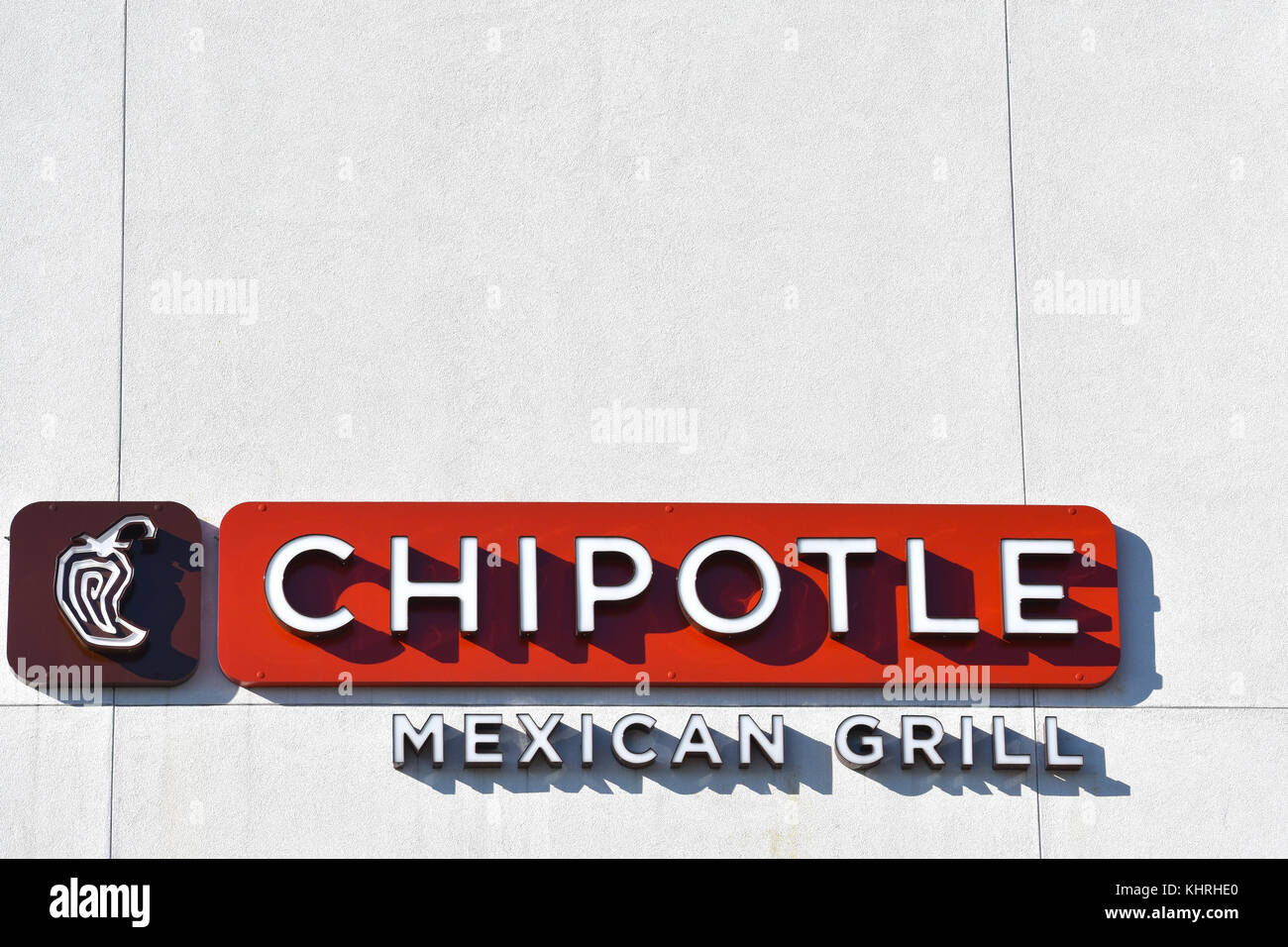 Chipotle sign outside restaurant at the Bellis Fair mall in Bellingham, Washington. Stock Photo