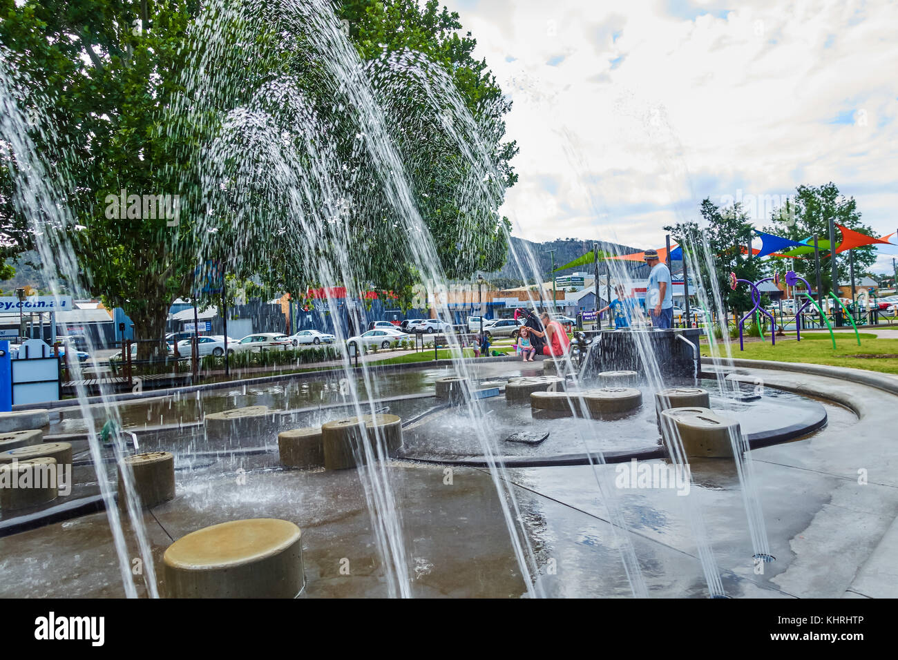Children's splash padl with fountains,Tamworth Australia. Stock Photo
