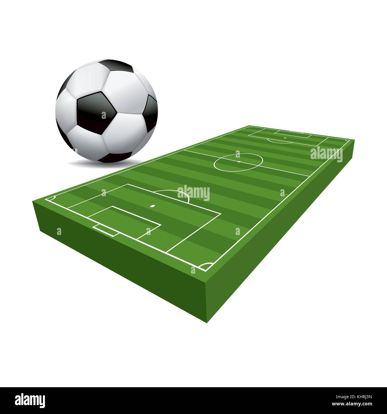A 3D illustration of a soccer football field and ball with green grass ...