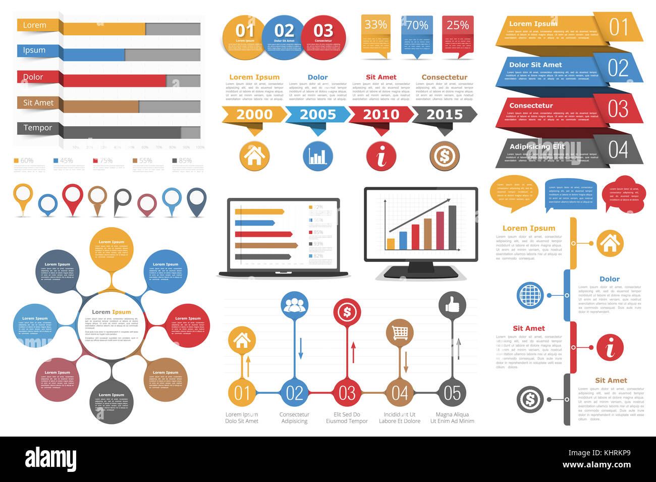Set of infographic design elements - bar graphs, map markers, circle diagram, speech bubbles, timeline, objects with steps or options, computer and la Stock Photo