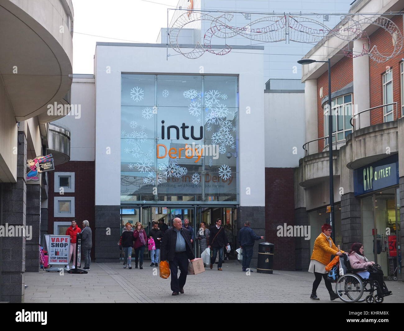 Frontage of Intu Shopping Centre, Derby with Christmas decorations up