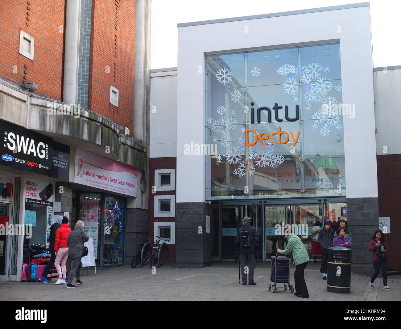 Frontage of Intu Shopping Centre, Derby with Christmas decorations up