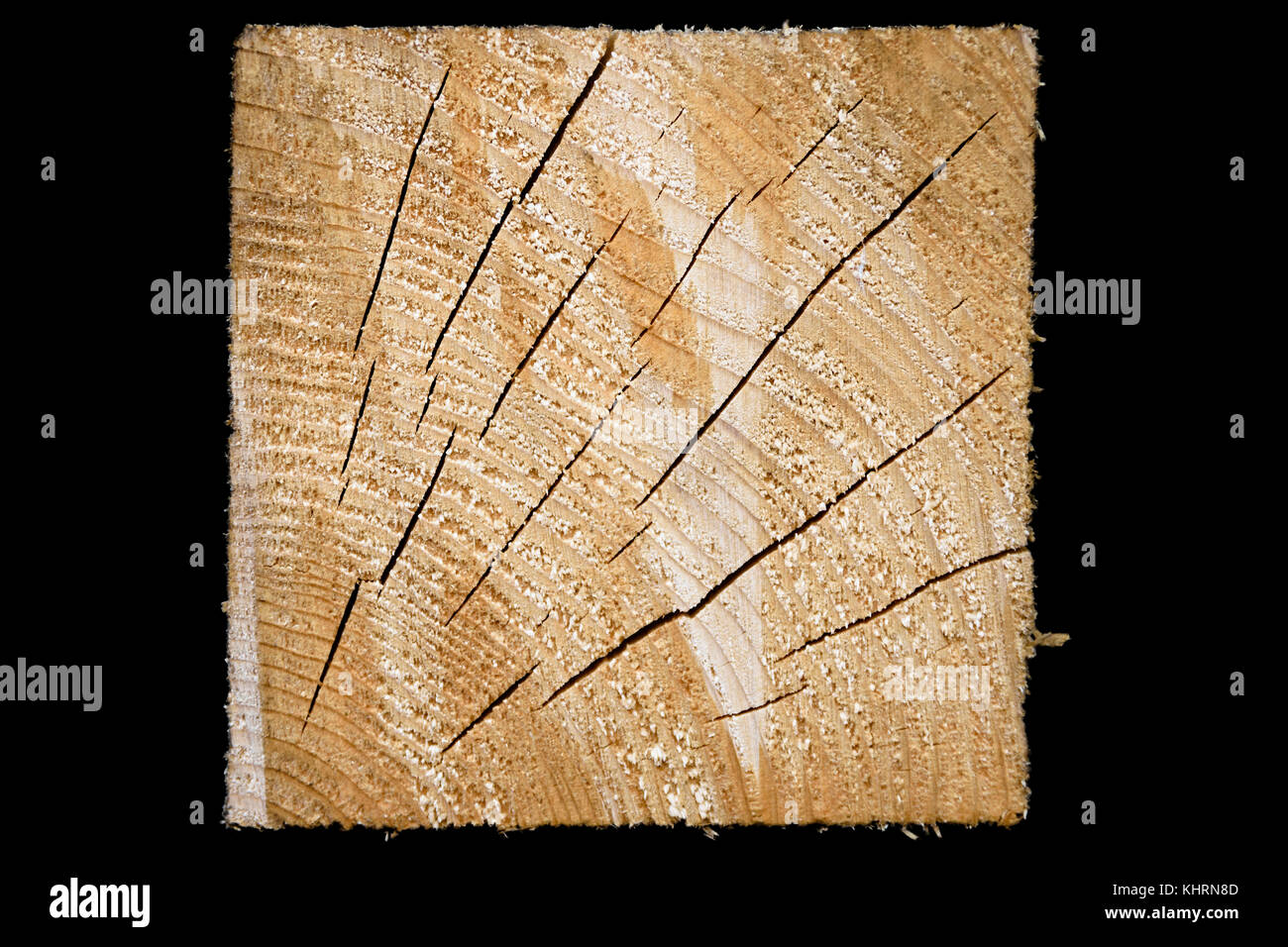 Square Block Of Pine Wood With Rings And Splits Isolated On Black Background Stock Photo