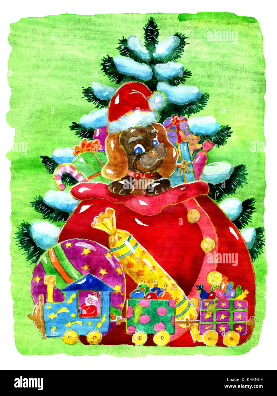 Funny puppy with Santa bag of toys and gifts against conifer in snow ...