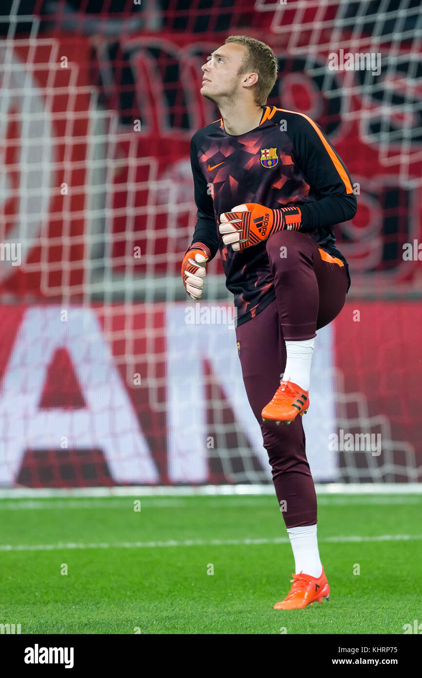 Piraeus, Greece - October 31, 2017: Player of Barcelona Jasper Cillessen in action during the UEFA Champions League game between Olympiacos vs FC Barc Stock Photo