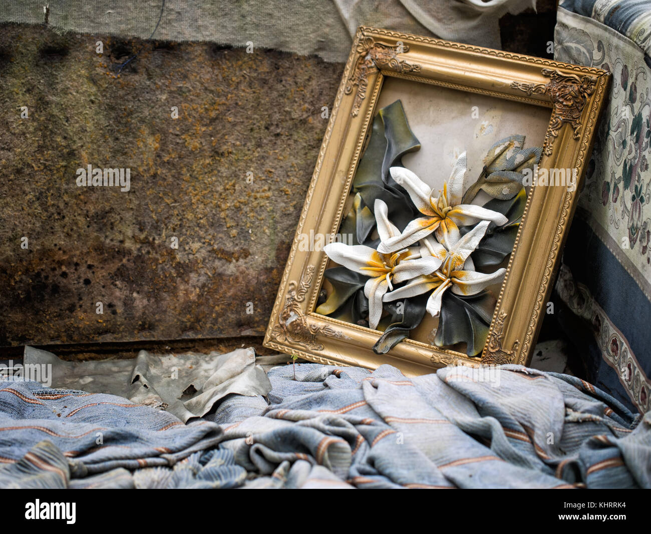 Picture on sofa, abandoned and rotting. Sad decay. Stock Photo