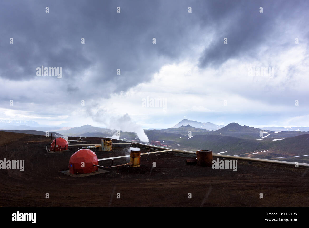 Iceland landscape with pipes in mountains Stock Photo