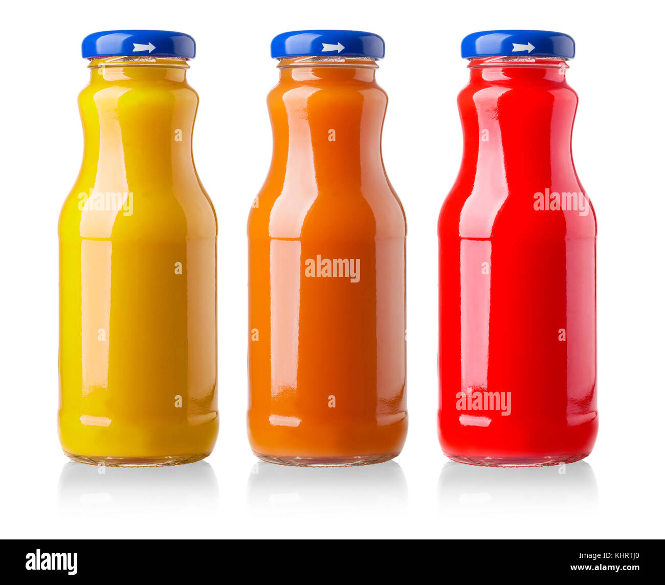 different bottles of juice on white background Stock Photo Alamy