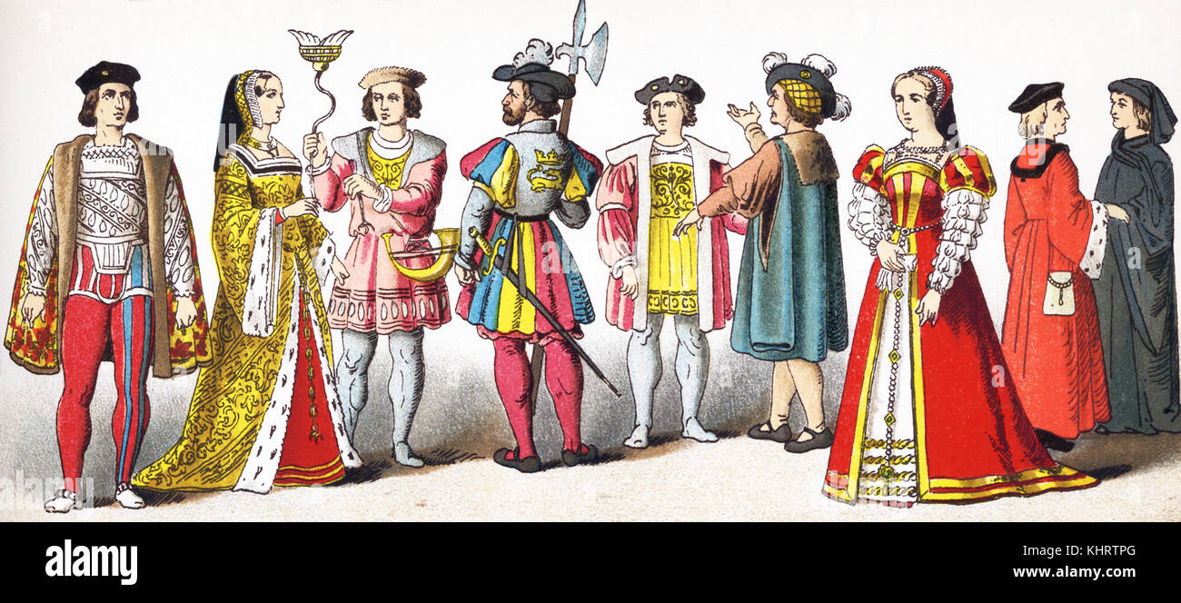The figures represented here are French people between 1500 and 1550.They are, from left to right: Admiral d'Amboise, Anne of Britanny (died 1514), huntsman, bodyguard, nobleman, citizen, lady of th e court, man of learning, and a judge. This illustration dates to 1882. Stock Photo
