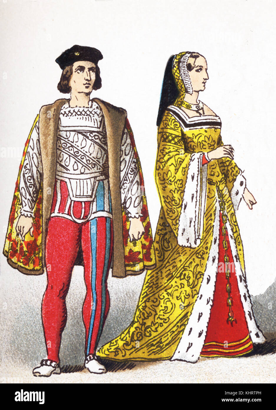 The figures represented here are Admiral d'Amboise and Anne of Britanny (died 1514). The French nobleman Admiral d’Amboise was a French commander in the War of the League of Cambrai. Anne of Brittany was Duchess of Brittany and Queen consort of France. She was married to Maximilian I (Holy Roman Emperor), and then to Charles VIII of France, and then to Louis XII of France.  This illustration dates to 1882. Stock Photo