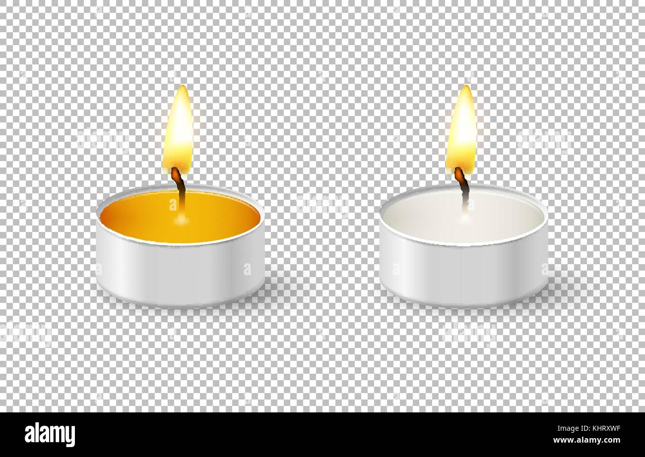 Realistic tealight candle icon set isolated on transparent background. Cose-up design template in vector EPS10. Stock Vector