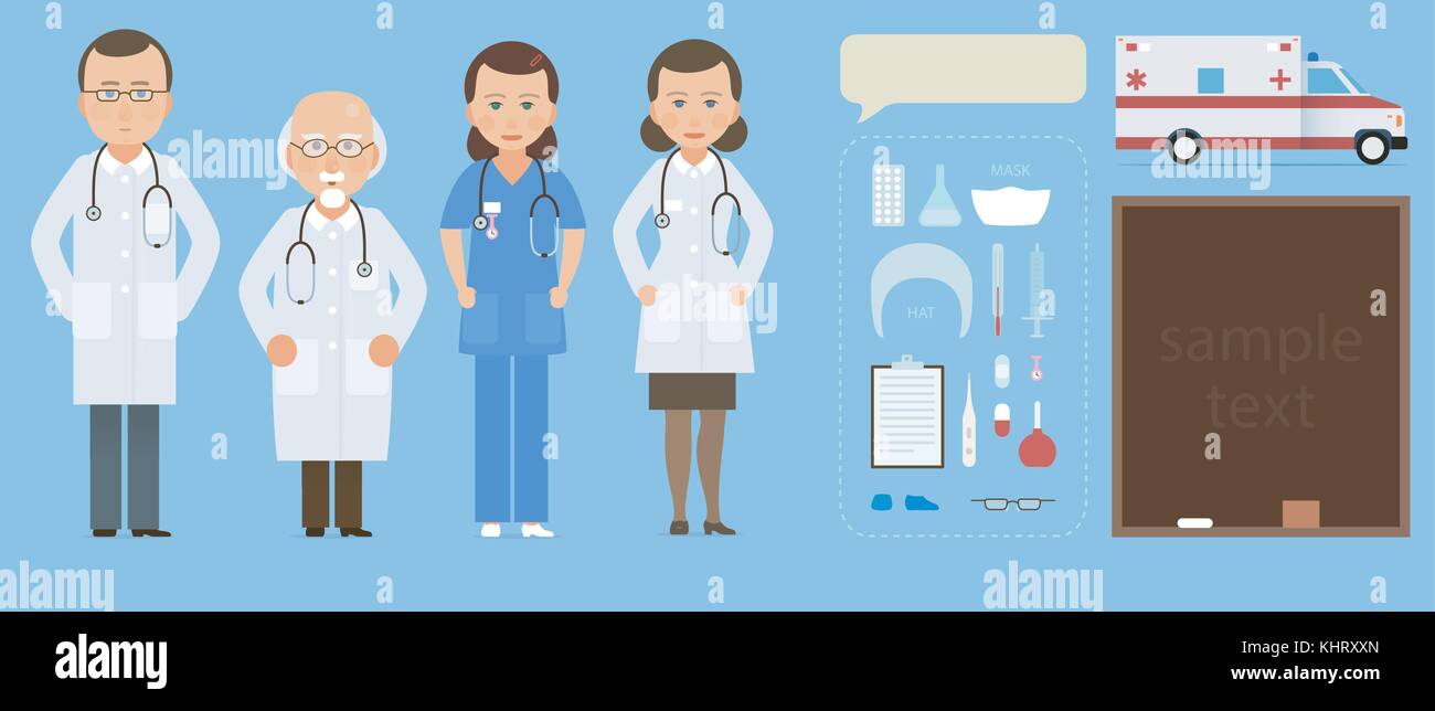 Medicine set with doctor and nurses in flat style isolated on blue background. Practitioner young doctors man and woman standing. Medical staff. Stock Vector