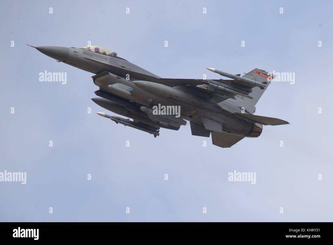 Lockheed Martin F-16C Fighting Falcon from 480th Fighter Squadron performing a flypast marking the US Air Force 70th Anniversary at the RIAT 2017 Stock Photo