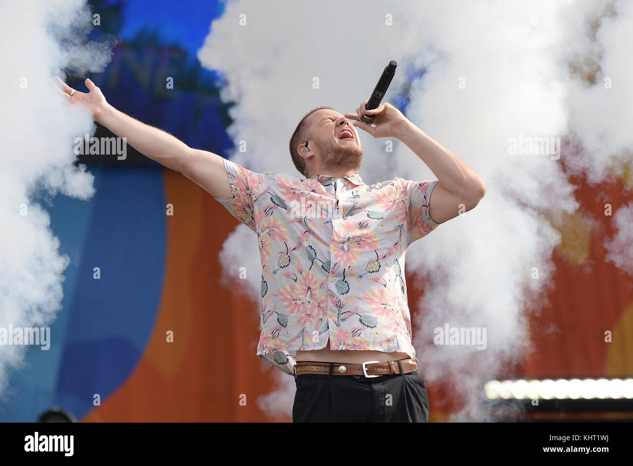 NEW YORK, NY - JULY 28: Lead singer Dan Reynolds and his band Imagine Dragons perform on ABC's 'Good Morning America' at Rumsey Playfield on July 28, 2017 in New York City.  People:  Dan Reynolds Stock Photo