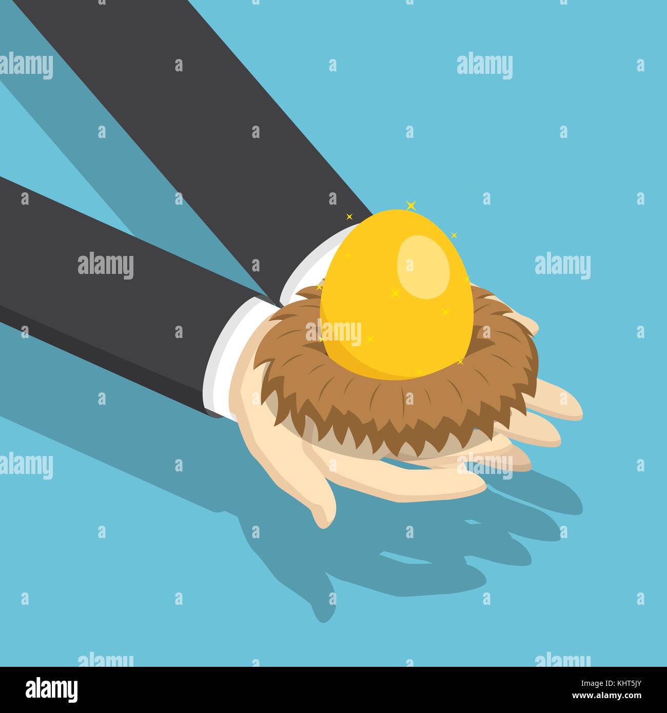 Flat 3d isometric businessman holding nest with golden egg. Investment and financial concept. Stock Vector