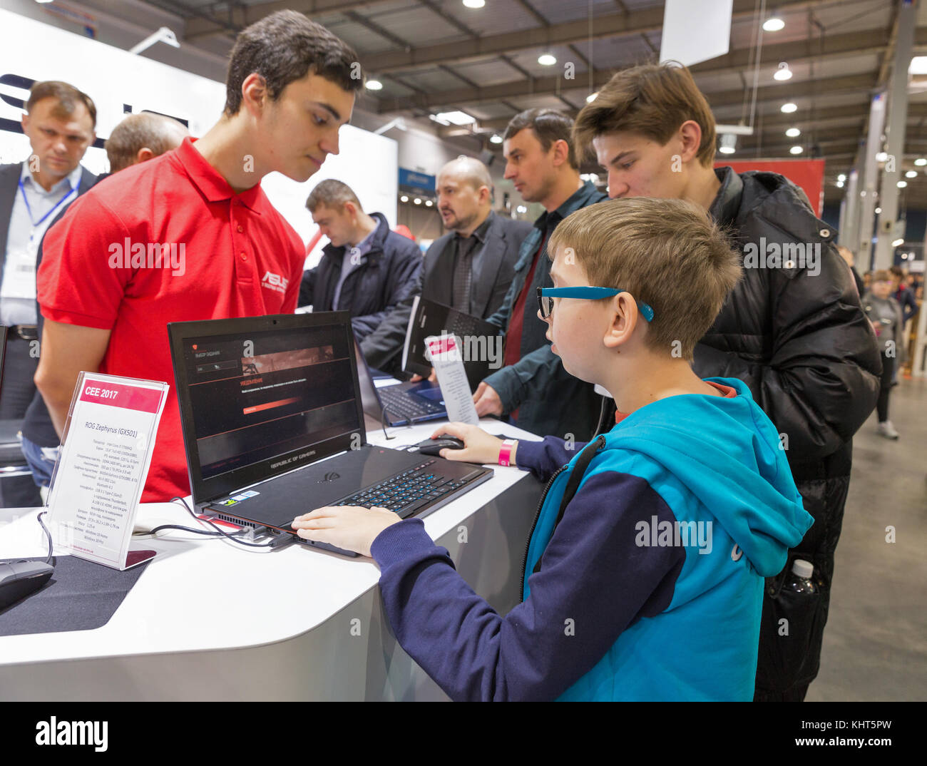KIEV, UKRAINE OCTOBER 07, 2017 People visit Asus, a Taiwan based