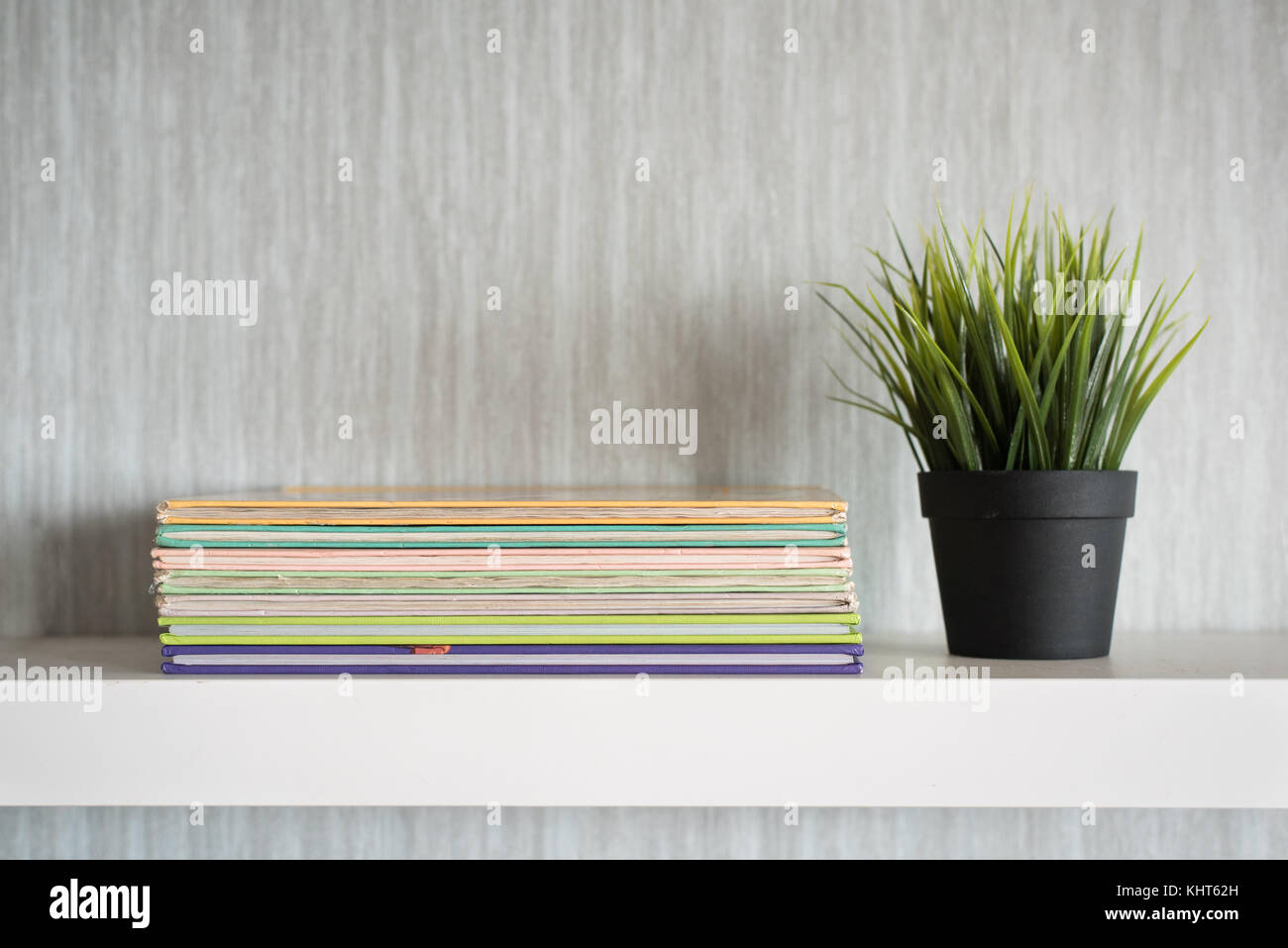 encyclopedia books on white shelf with plant in a vase - organized concept Stock Photo