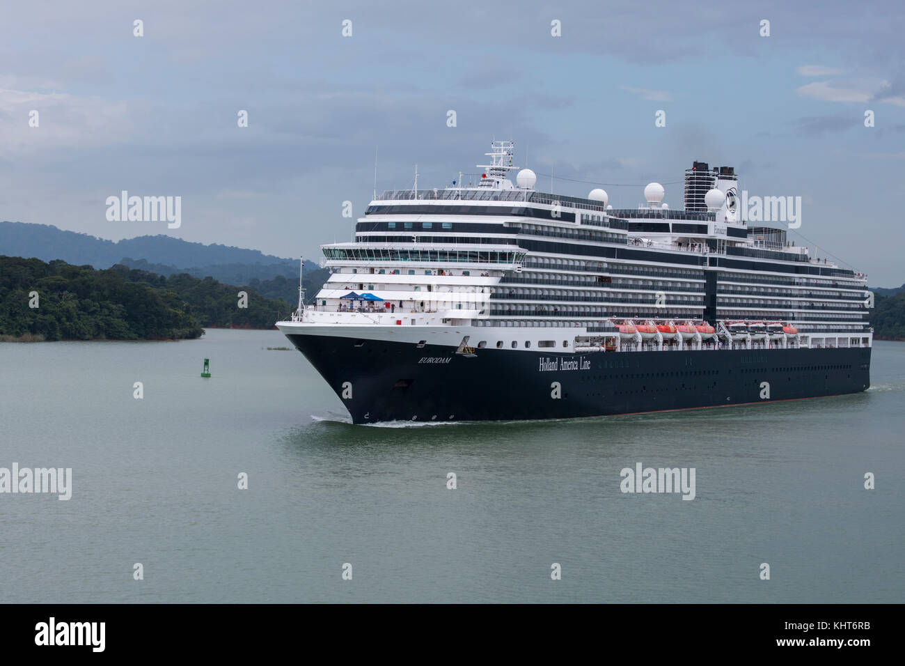 Central America, Panama, Panama Canal, Gatun Lake. Holland America ship, Eurodam, sailing through Gatun Lake while transiting the Panama Canal. Stock Photo