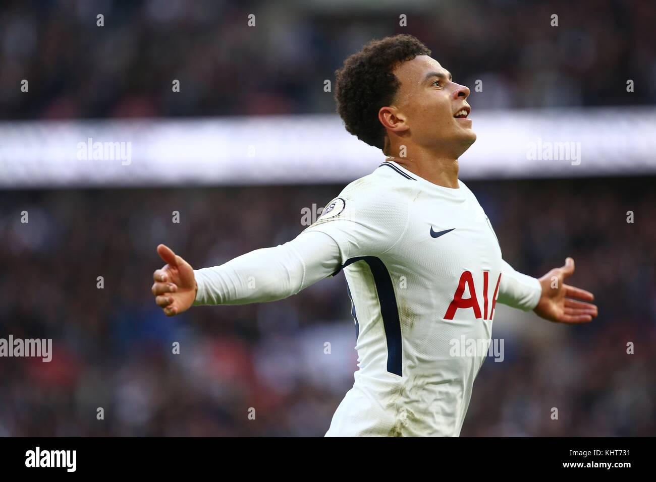 Dele Alli of Tottenham celebrates scoring during the Premier League match  between Tottenham Hotspur and Liverpool at Wembley Stadium in London. 22  Oct 2017 *** EDITORIAL USE ONLY *** No merchandising. For
